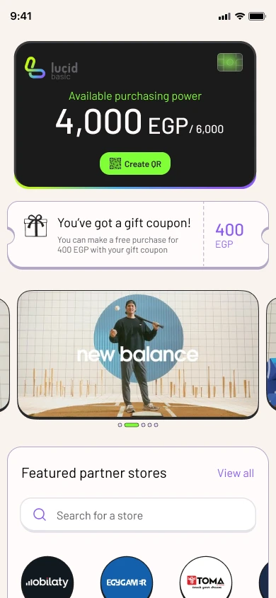 The Lucid app showing your purchasing power and partner stores